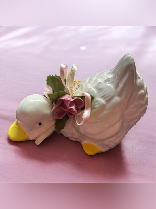 Other - Vintage Ceramic Duck Figurine | Pink Floral Bow | Taiwan NIB